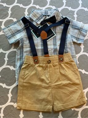 NWT 12M Andy & Evan Little Boy 4 Piece Outfit Button Up Shirt Bow Tie Suspenders